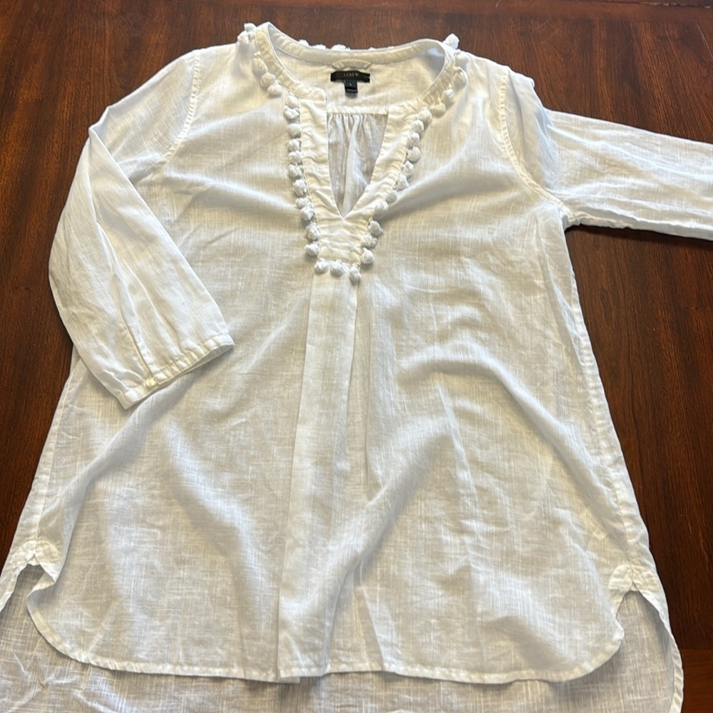 J Crew Woman’s White Pullover Tassel Neckline Linen/CottonTunic - Picture 6 of 10